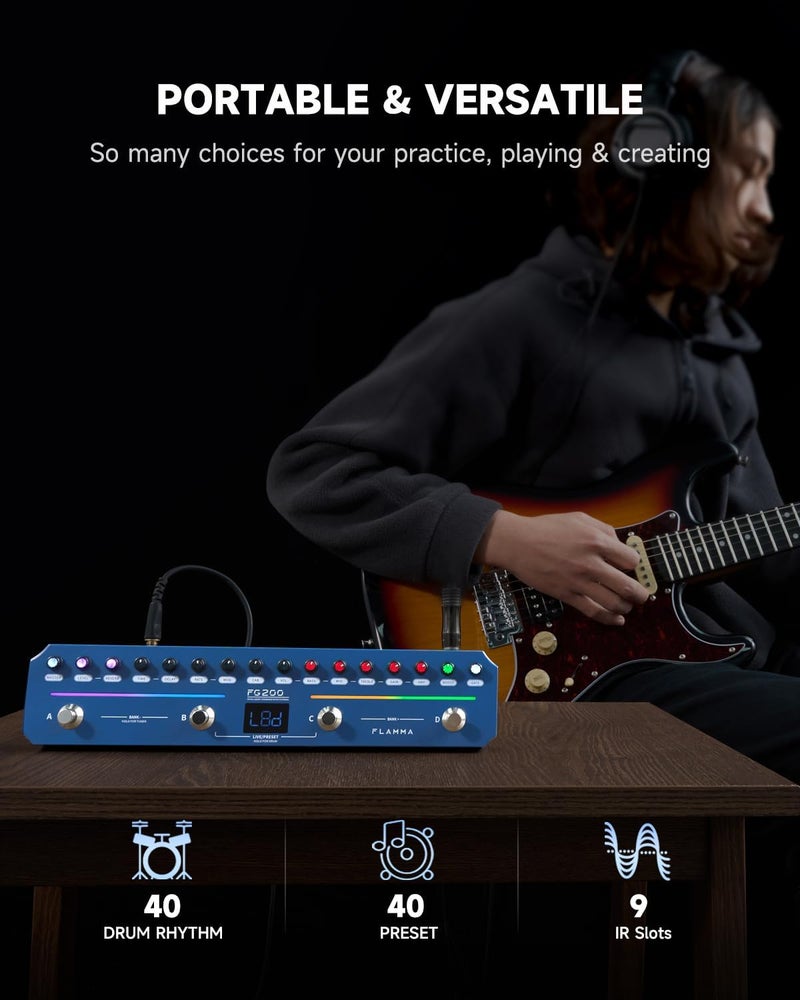 FLAMMA FG200 Intelligent Multi-Effects Guitar Pedal with 52 AMP Models 5 BOOST Models 16 CAB Simulations 7 Effects Modules 9 IR Slots 40 Presets 40 Rhythm Styles Support APP OTG - Image 4